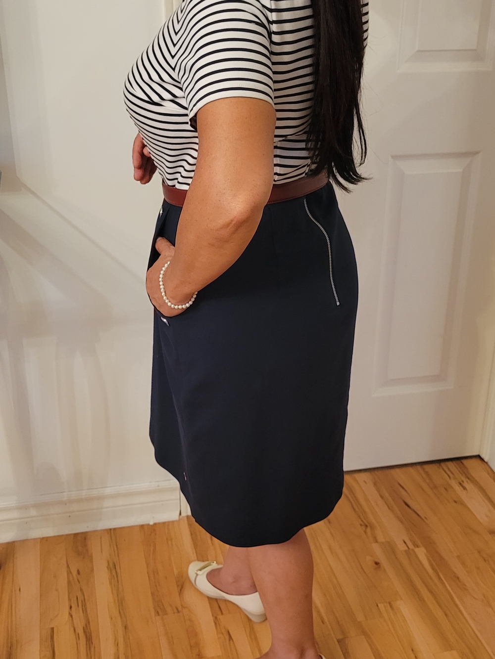 Navy Pencil Skirt with Button Detail - Women's Classic Work Skirt - Picture 3 of 5